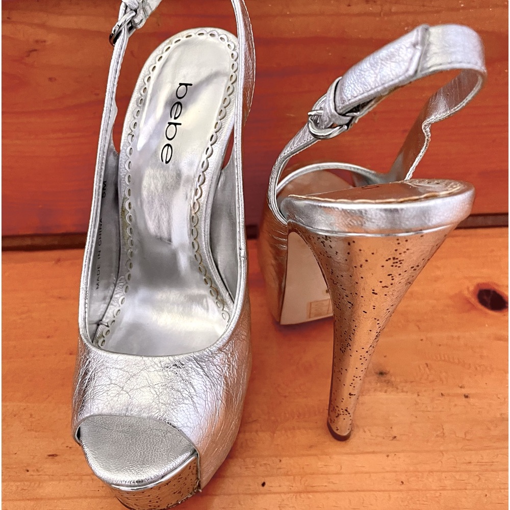 Silver platform sling back heels